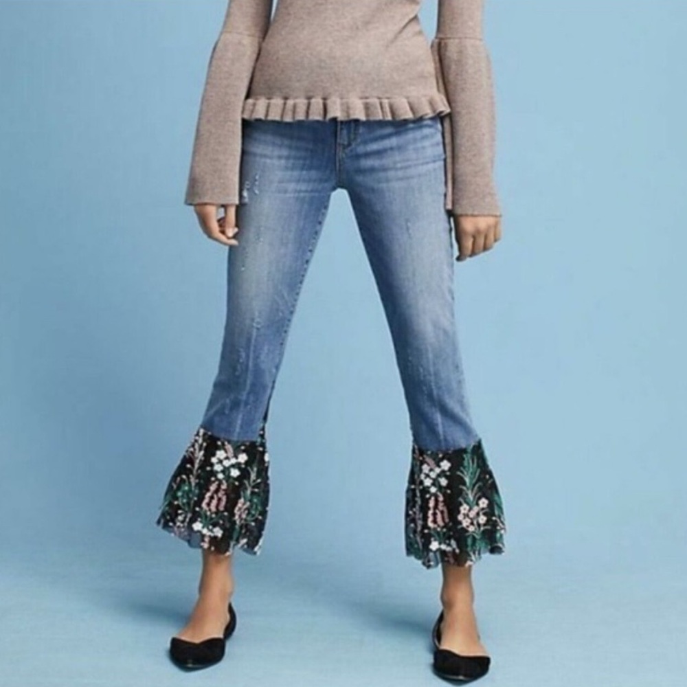 Anthropologie Pilcro Flare Flounce Floral Hem Jeans